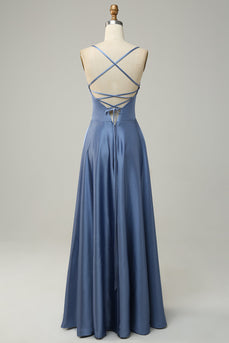 Grey Blue Halter A Line Long Bridesmaid Dress