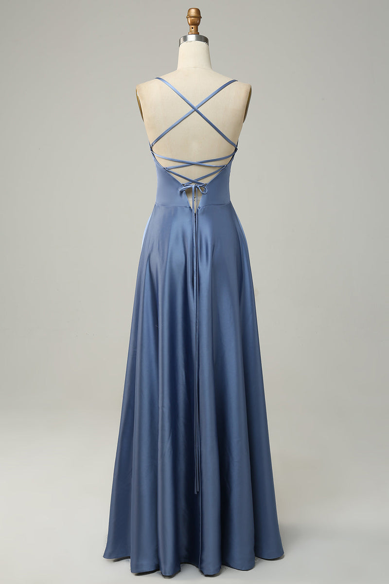 Load image into Gallery viewer, Grey Blue Halter A Line Long Bridesmaid Dress