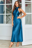Ink Blue Round Neck Long Wedding Guest Dress