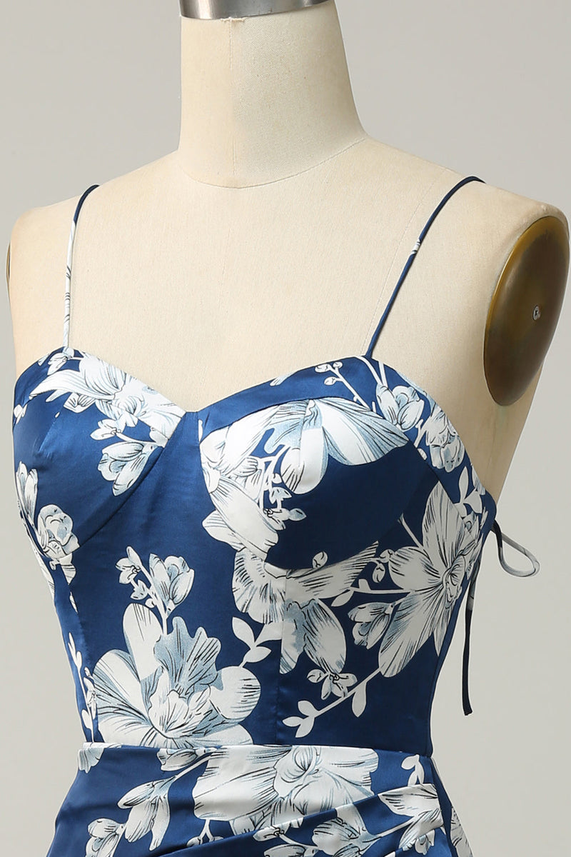 Load image into Gallery viewer, Ink Blue Floral Tea-Length Bridesmaid Dress