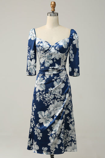 Ink Blue Floral Tea-Length Bridesmaid Dress with Sleeves