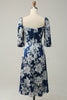 Load image into Gallery viewer, Ink Blue Floral Tea-Length Bridesmaid Dress with Sleeves