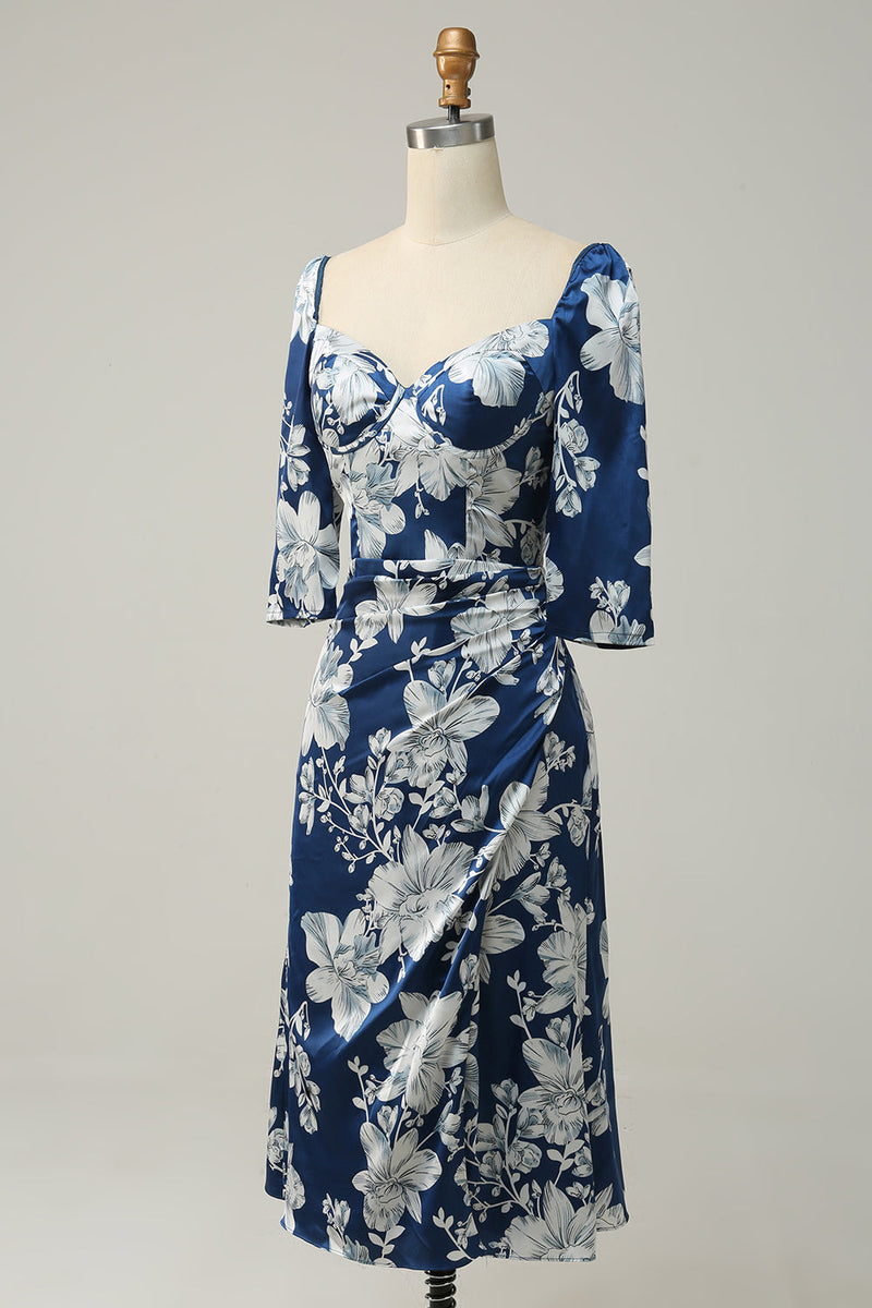 Load image into Gallery viewer, Ink Blue Floral Tea-Length Bridesmaid Dress with Sleeves