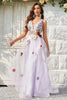 Load image into Gallery viewer, A Line Deep V Neck Lavender Long Prom Dress with Open Back