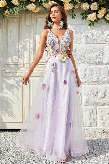 A Line Deep V Neck Lavender Long Prom Dress with Open Back