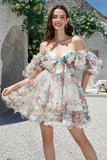 Trendy A Line Ivory Floral Printed Short Tulle Graduation Dress with Short Sleeves