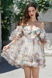 Trendy A Line Ivory Floral Printed Short Tulle Graduation Dress with Short Sleeves