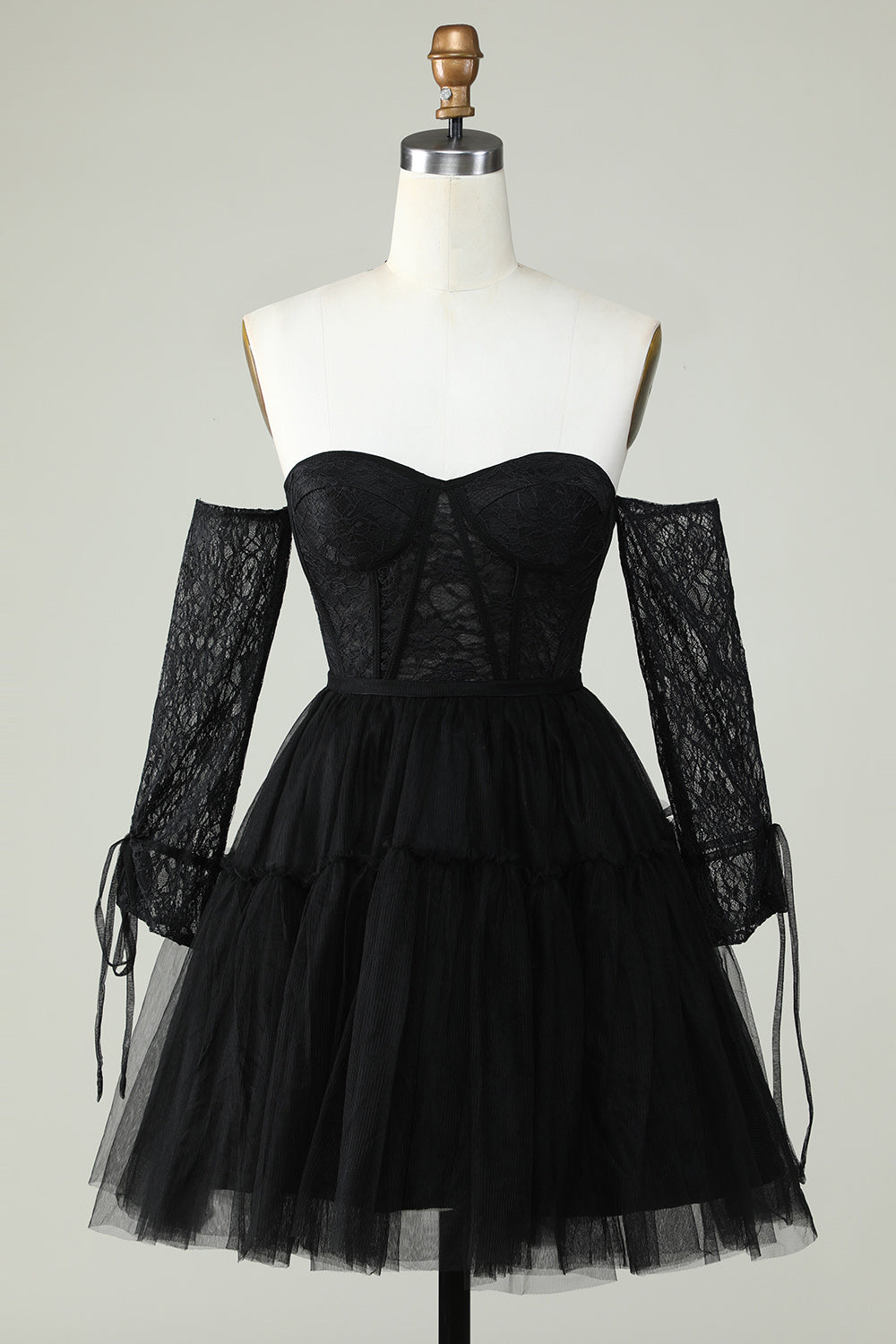 A Line Off the Shoulder Black Corset Homecoming Dress with Long Sleeves