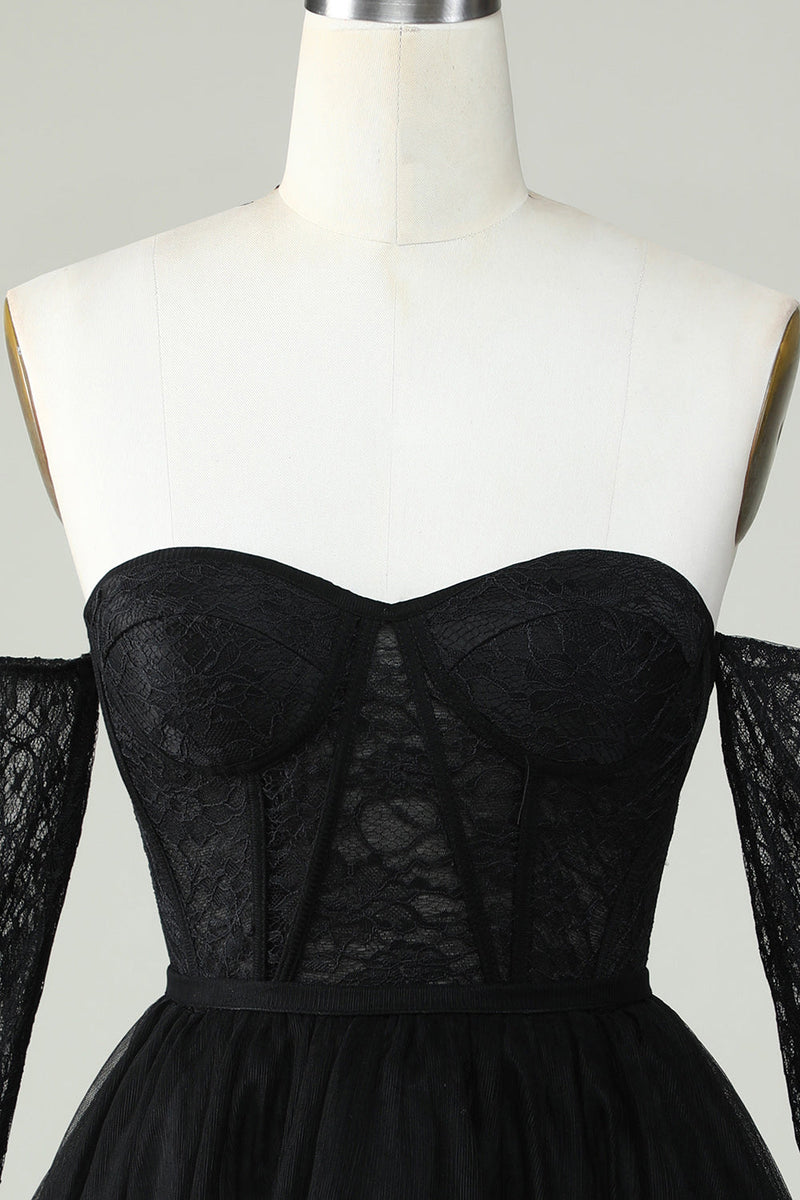 Load image into Gallery viewer, A Line Off the Shoulder Black Corset Homecoming Dress with Long Sleeves