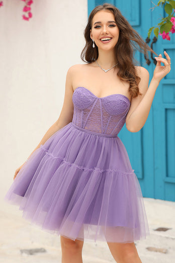 Purple Corset Detachable Long Sleeves A-Line Short Prom Dress