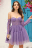 Load image into Gallery viewer, Purple Corset Detachable Long Sleeves A-Line Short Prom Dress