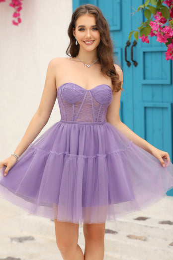 Purple Corset Detachable Long Sleeves A-Line Short Prom Dress