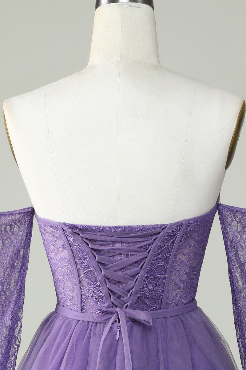 Load image into Gallery viewer, A Line Off the Shoulder Purple Corset Homecoming Dress with Long Sleeves
