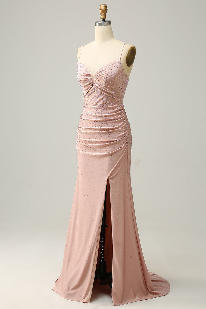 Load image into Gallery viewer, Mermaid Spaghetti Straps Blush Long Prom Dress with Beading