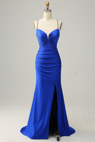 Shiny Draped Royal Blue Velvet Sheath Long Dress - Promfy