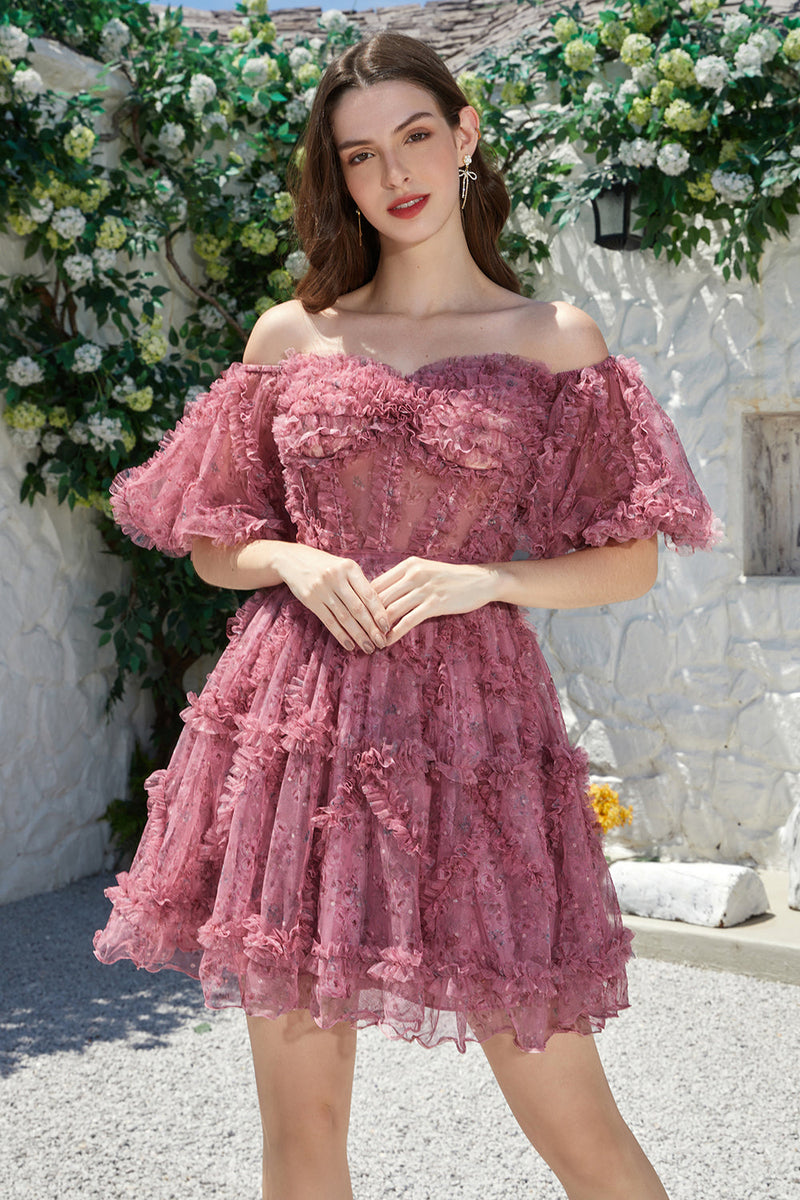 Load image into Gallery viewer, Beautiful A Line Off the Shoulder Fuchsia Tulle Short Homecoming Dress with Short Sleeves