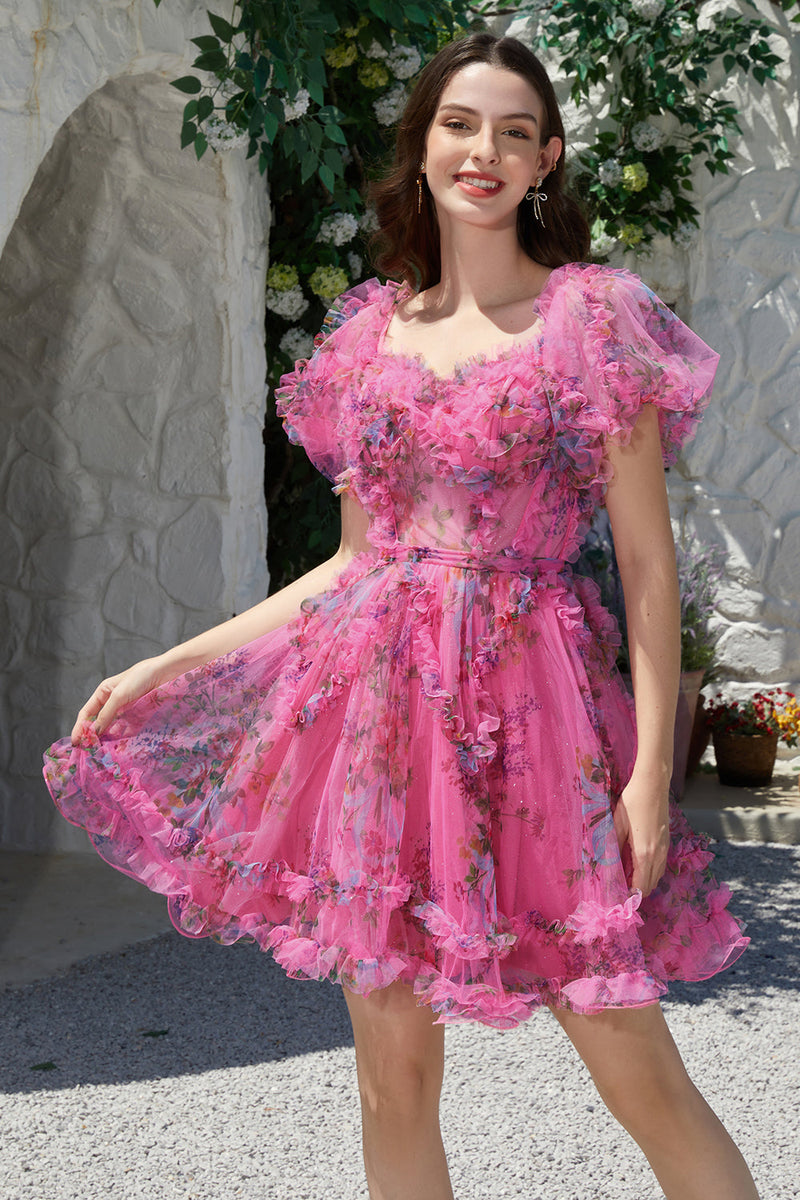 Load image into Gallery viewer, Beautiful A Line Off the Shoulder Fuchsia Tulle Short Homecoming Dress with Short Sleeves