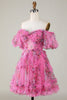 Load image into Gallery viewer, Gorgeous A Line Off the Shoulder Fuchsia Tulle Short Homecoming Dress with Short Sleeves