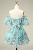 Load image into Gallery viewer, Gorgeous A Line Off the Shoulder Green Tulle Short Graduation Dress with Short Sleeves
