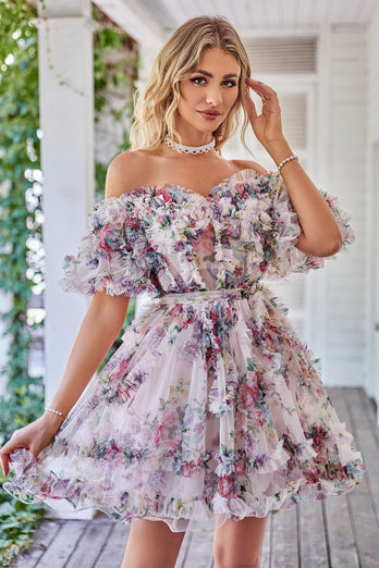 Off the Shoulder A Line Printed Cute Short Prom Dress