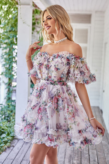 Off the Shoulder A Line Printed Cute Short Prom Dress