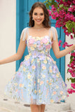 Blue Corset A-Line Short Prom Dress with 3D Flowers