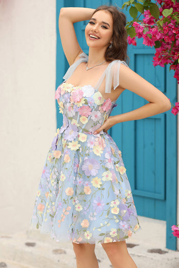 Blue Corset A-Line Short Prom Dress with 3D Flowers