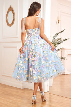 A Line Spaghetti Straps Blue Tea Length Prom Dress with 3D Flowers