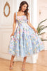 Load image into Gallery viewer, A Line Spaghetti Straps Blue Tea Length Prom Dress with 3D Flowers