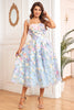 Load image into Gallery viewer, A Line Spaghetti Straps Blue Tea Length Prom Dress with 3D Flowers