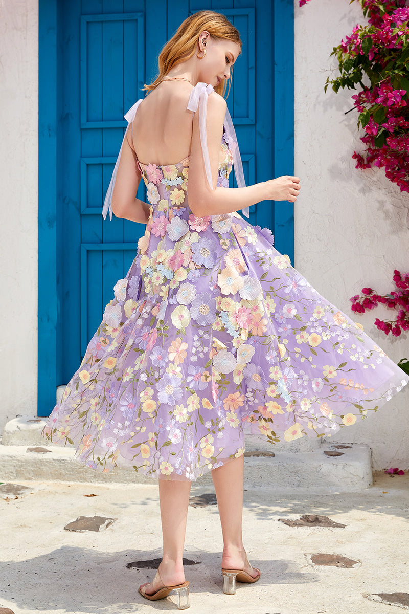 Load image into Gallery viewer, Purple A Line Tea Length Prom Dress with 3D Flowers
