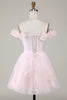 Load image into Gallery viewer, Cute A Line Off the Shoulder Pink Short Prom Dress with Flowers