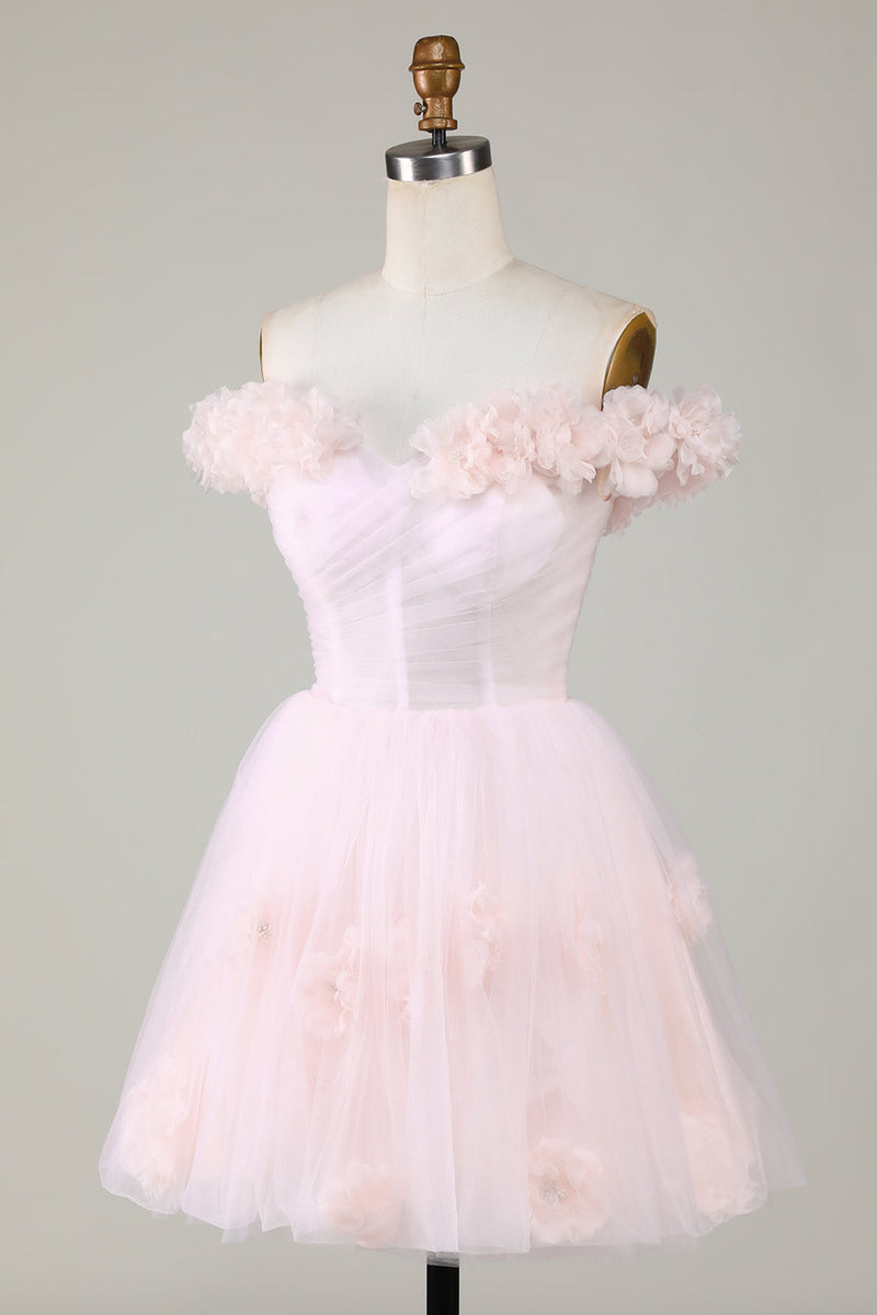 Load image into Gallery viewer, Cute A Line Off the Shoulder Pink Short Prom Dress with Flowers
