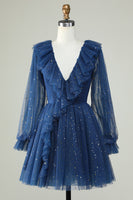Load image into Gallery viewer, A Line Deep V Neck Navy Short Homecoming Dress with Ruffles
