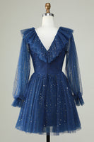 Load image into Gallery viewer, A Line Deep V Neck Navy Short Homecoming Dress with Ruffles