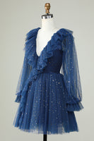 Load image into Gallery viewer, A Line Deep V Neck Navy Short Homecoming Dress with Ruffles