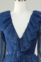 Load image into Gallery viewer, A Line Deep V Neck Navy Short Homecoming Dress with Ruffles