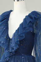 Load image into Gallery viewer, A Line Deep V Neck Navy Short Homecoming Dress with Ruffles