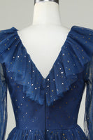 Load image into Gallery viewer, A Line Deep V Neck Navy Short Homecoming Dress with Ruffles