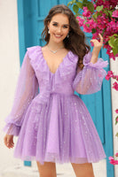 Load image into Gallery viewer, A Line Deep V Neck Navy Short Homecoming Dress with Ruffles