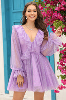 Load image into Gallery viewer, A Line Deep V Neck Navy Short Homecoming Dress with Ruffles