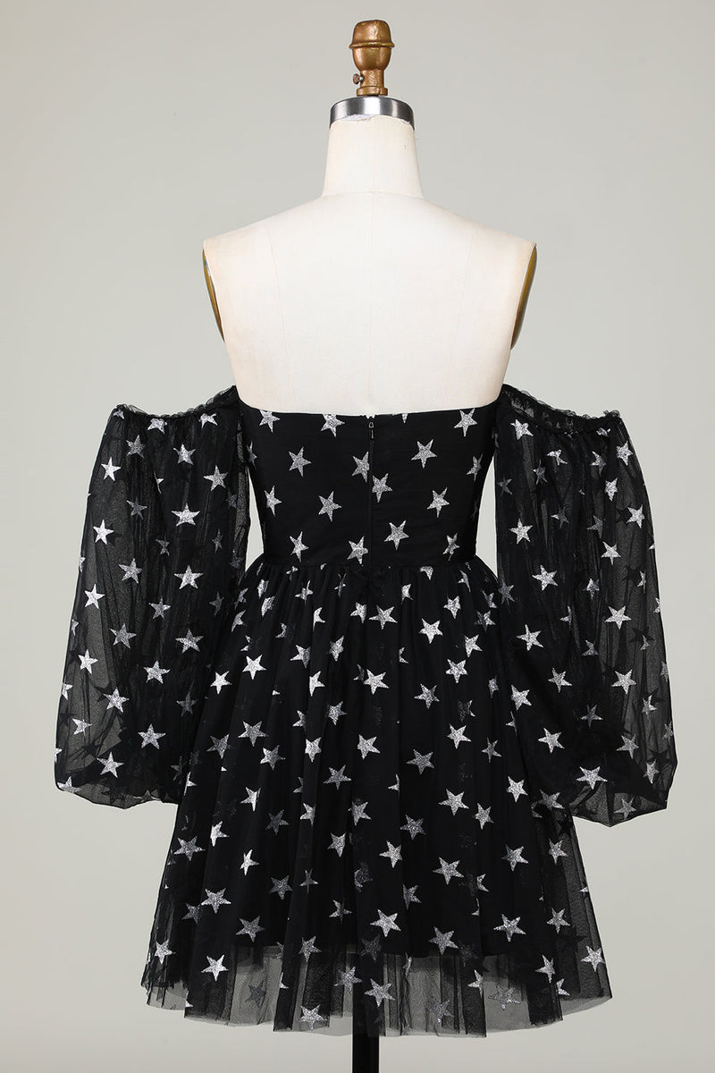 Load image into Gallery viewer, A Line Off the Shoulder Black Stars Short Homecoming Dress