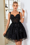 Cute A Line Dark Blue Corset Tiered Short Prom Dress with Lace