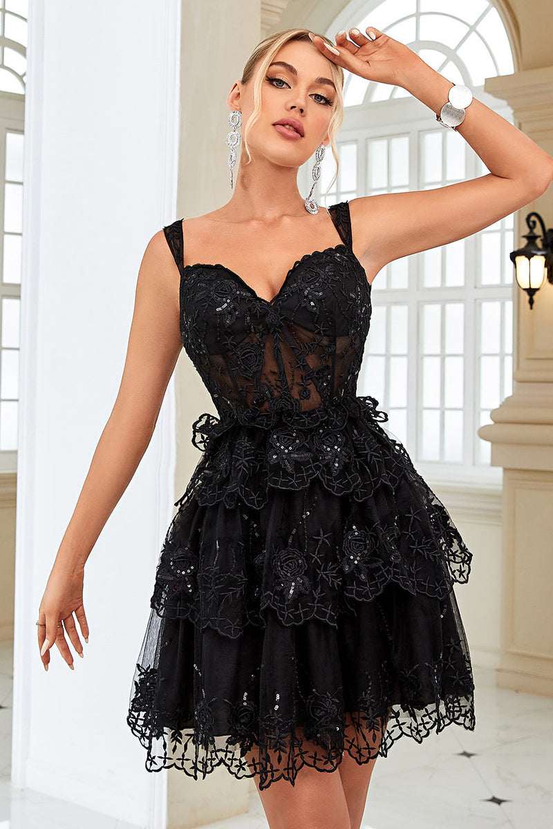Load image into Gallery viewer, Cute A Line Black Corset Tiered Short Homecoming Dress with Lace