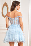 Cute A Line Dark Blue Corset Tiered Short Prom Dress with Lace