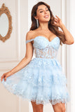 Cute A Line Dark Blue Corset Tiered Short Prom Dress with Lace