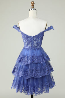 Cute A Line Dark Blue Corset Tiered Short Prom Dress with Lace