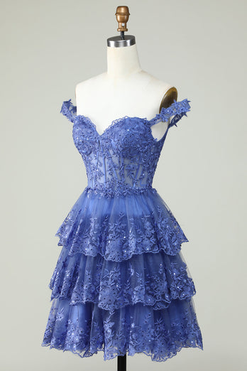 Cute A Line Dark Blue Corset Tiered Short Prom Dress with Lace