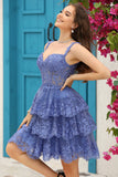 Sparkly Dark Blue Corset Tiered Graduation Dress with Lace