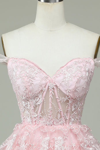 Cute A Line Off the Shoulder Pink Corset Graduation Dress with Lace